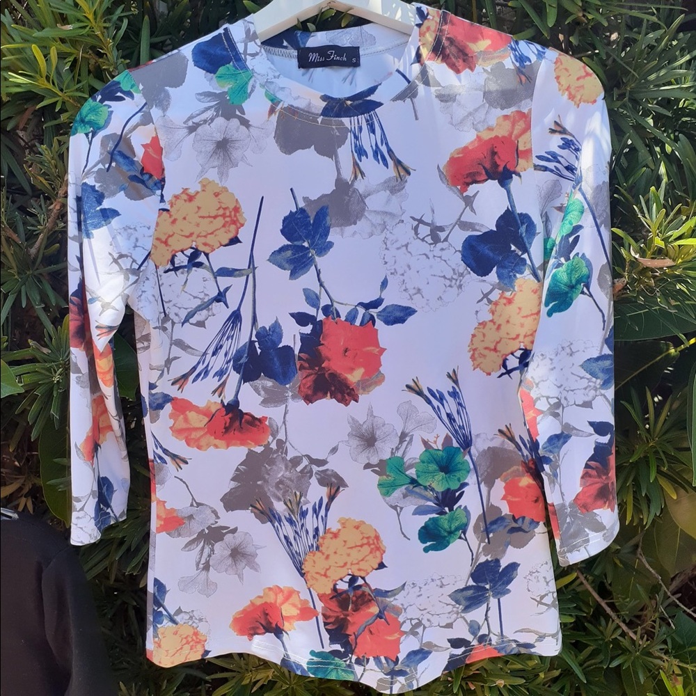 Floral Pattern Top Shell 3/4 Long Sleeve Stretchy Comfortable Chic